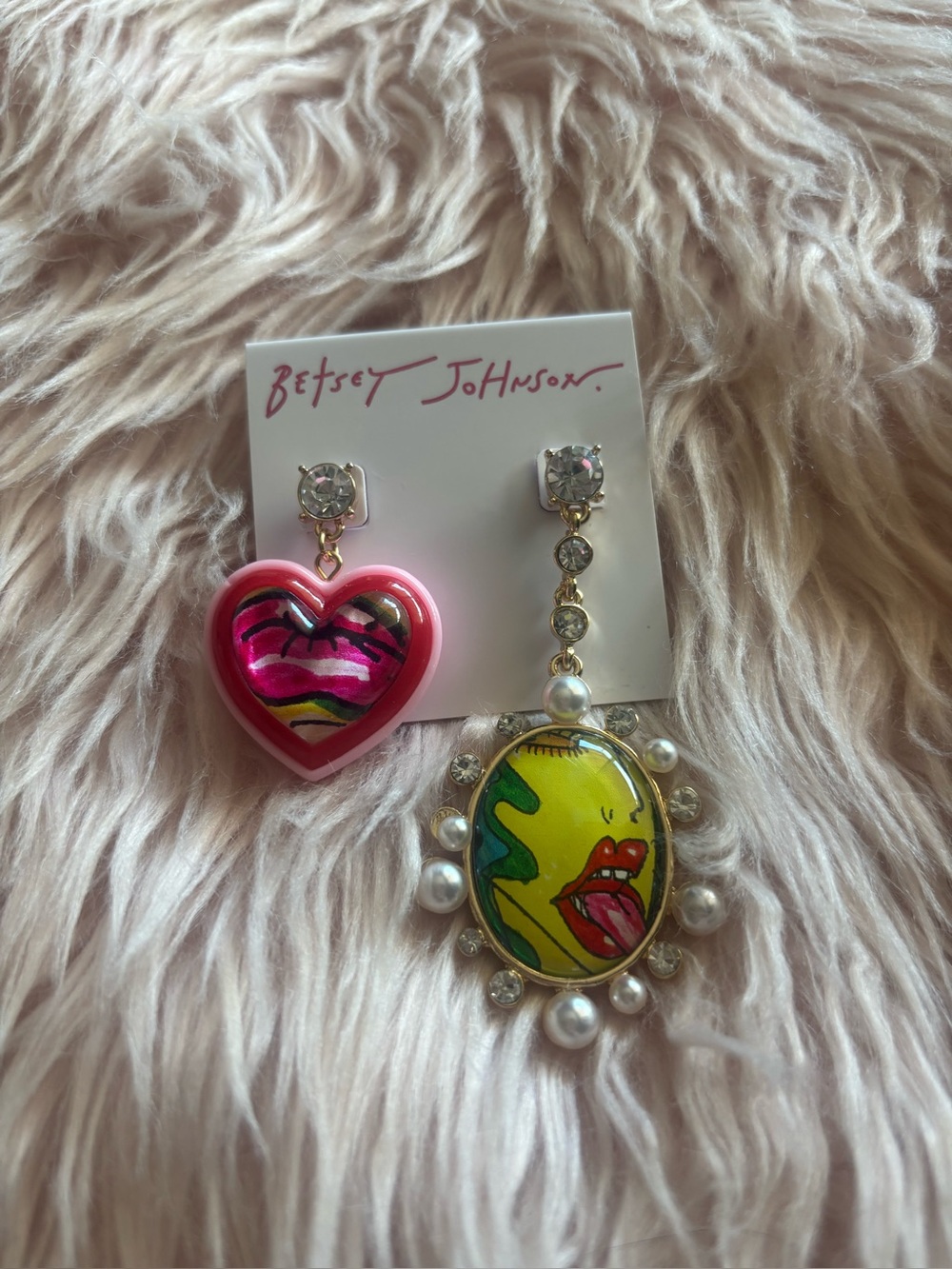 Betsey Johnson Pink Heart & Yellow Pop-Art Portrait Asymmetrical Drop Earrings